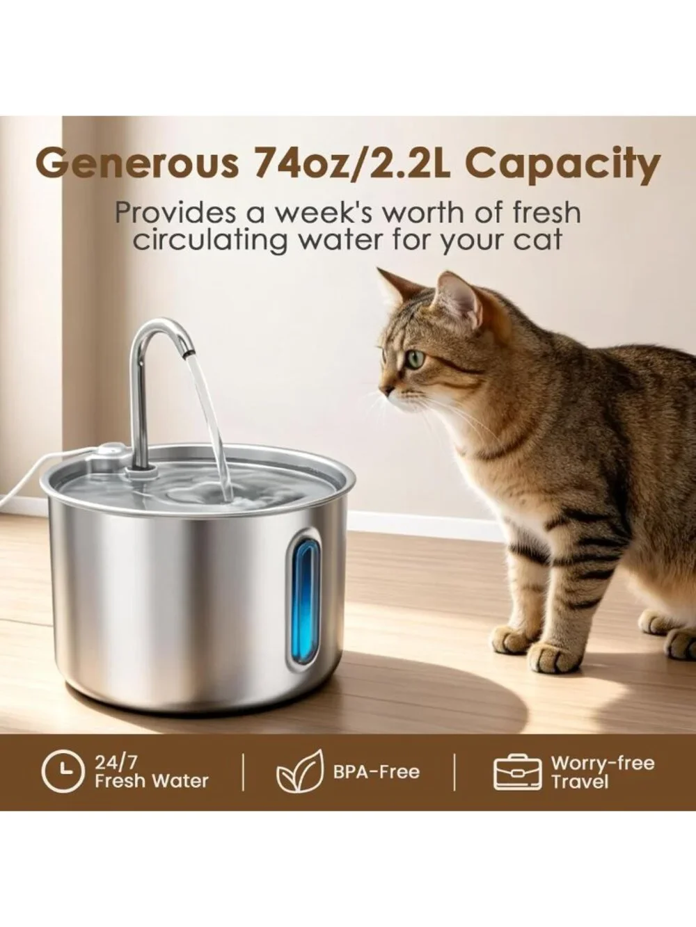 Automatic Stainless Steel Cat Water Fountain 74oz - Quiet Pet Dispenser with